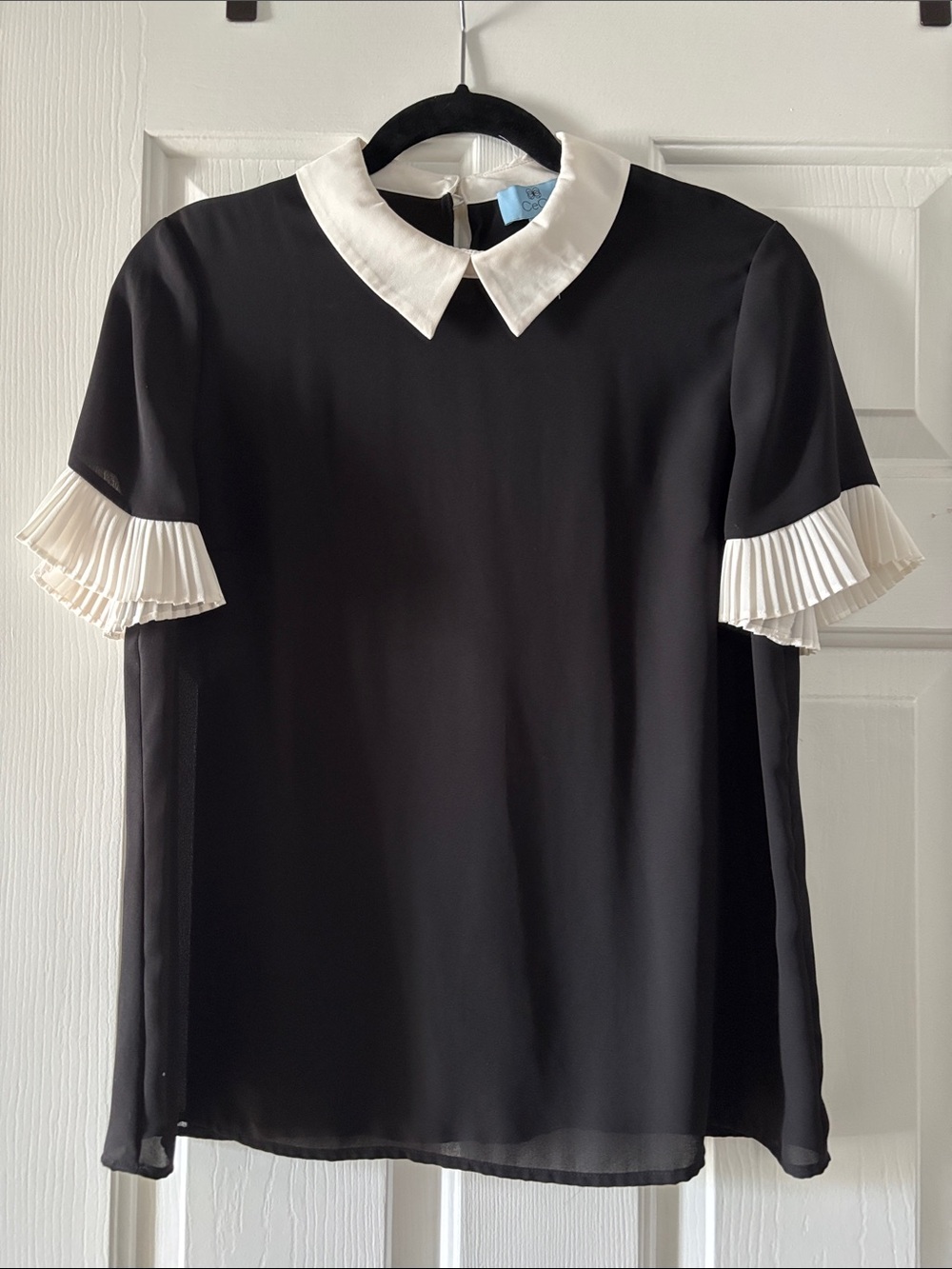 CeCe Black Blouse with White Peter Pan Collar & Pleated Sleeves
